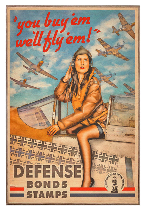 Defense Bonds You Buy 'Em, We'll Fly 'Em Military Vintage Pin-Up Girl Art Rendering - Prints54.com