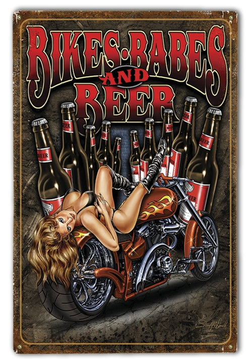 Bikes Babes and Beer Pin-Up Girl Wood And Metal Sign - Prints54.com