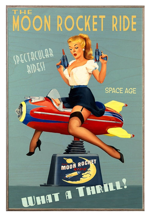 Retro Pin-Up Girl Moon Rocket Ride Art Rendering - Prints54.com