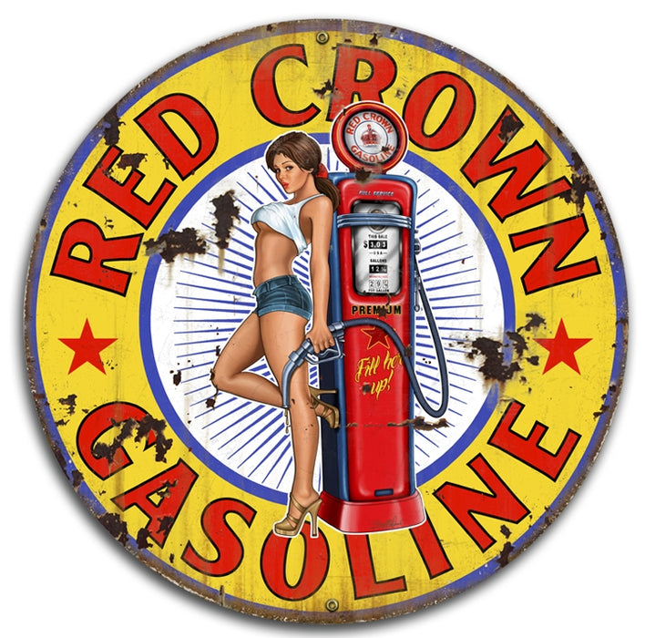 Red Crown Gas Vintage Pin-Up Girl Round Metal Sign - Prints54.com