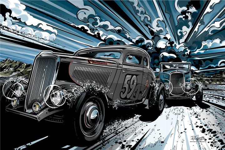 Sin Customs- 1934 Ford Coupe-Running the Salt 12x18" Classic Art Rendering - Prints54.com