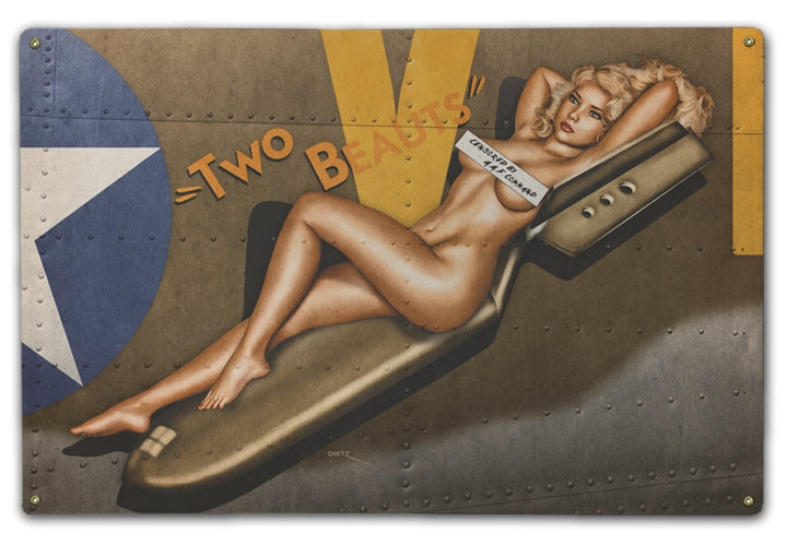 Two Beauts WW2 Bomber Nose Art Pin-Up Girl Art Rendering - Prints54.com