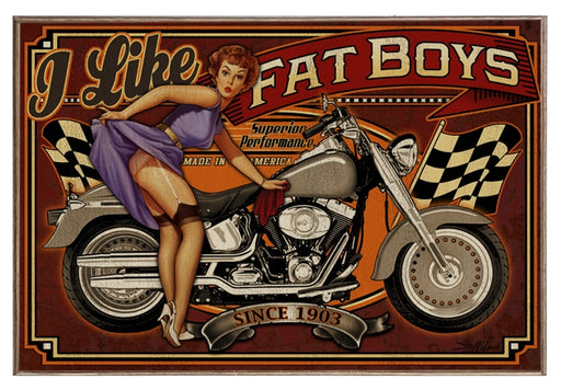 Fat Boys Motorcycle Retro Pin-Up Girl Wood And Metal Sign - Prints54.com